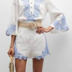 NWT - Zimmermann Raie Belted Appliquéd Lace-Trimmed Linen Shorts, Size 8 (US)